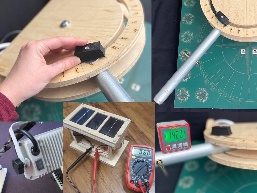 solar farm simulator with solar arrays, adjustable arm, and measurement devices